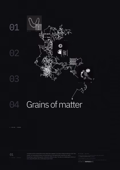 Poster 01·A3·D for idea 01, “Grains of matter”: the jagged path of a grain pushed about by unseen molecules.