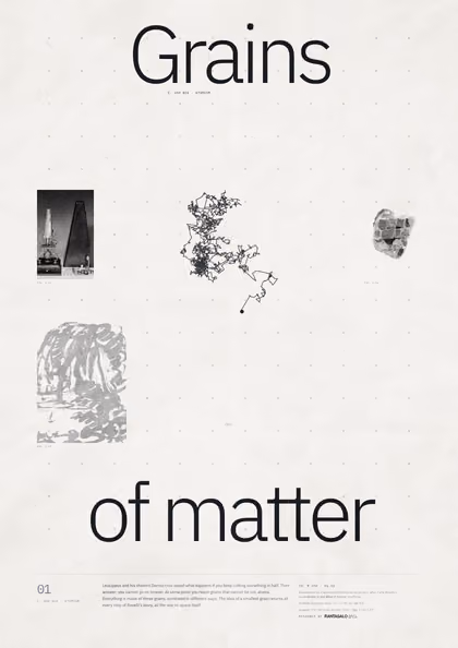 Poster 01·A5 for idea 01, “Grains of matter”: the jagged path of a grain pushed about by unseen molecules.
