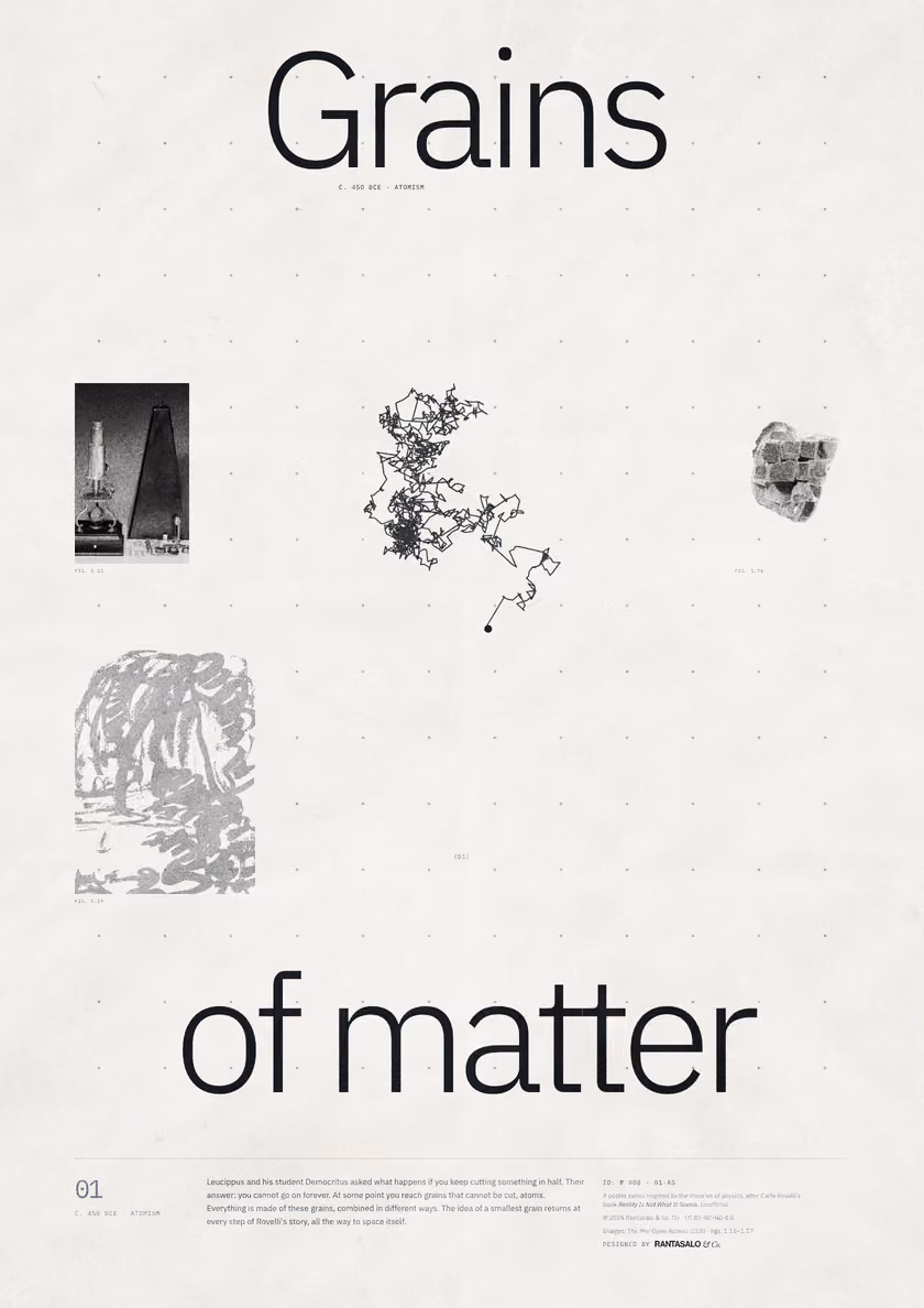 Poster 01·A5 for idea 01, “Grains of matter”: the jagged path of a grain pushed about by unseen molecules.
