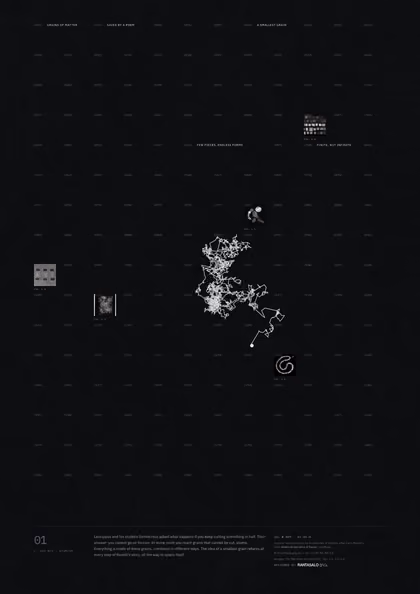 Poster 01·A6·D for idea 01, “Grains of matter”: the jagged path of a grain pushed about by unseen molecules.