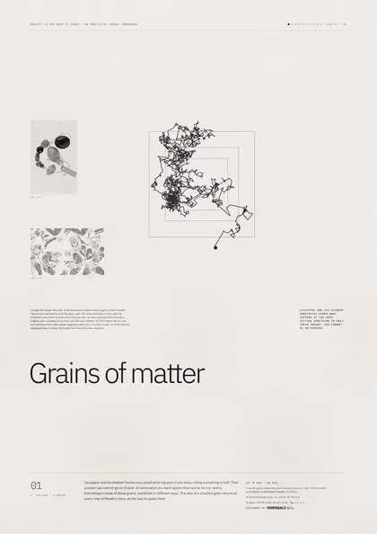 Poster 01·B10 for idea 01, “Grains of matter”: the jagged path of a grain pushed about by unseen molecules.
