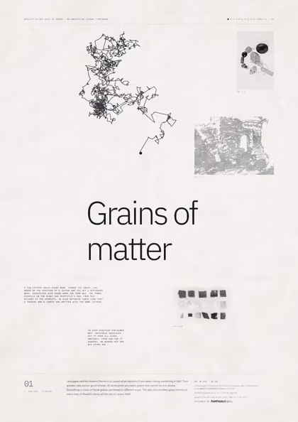 Poster 01·B2 for idea 01, “Grains of matter”: the jagged path of a grain pushed about by unseen molecules.