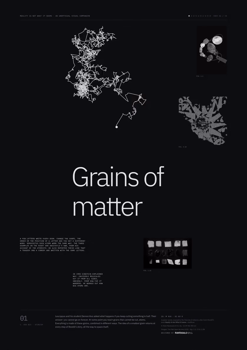 Poster 01·B2·D for idea 01, “Grains of matter”: the jagged path of a grain pushed about by unseen molecules.