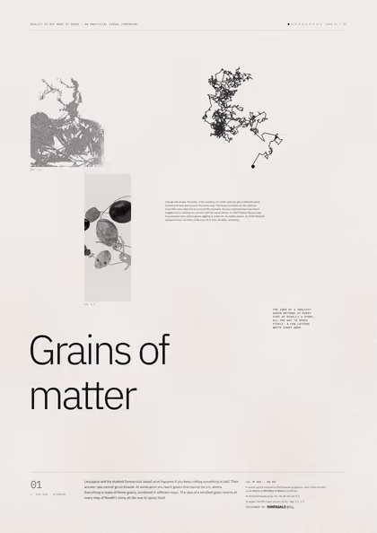 Poster 01·B5 for idea 01, “Grains of matter”: the jagged path of a grain pushed about by unseen molecules.
