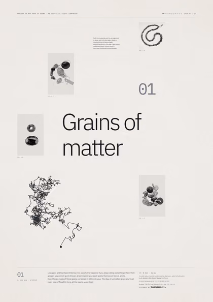 Poster 01·B6 for idea 01, “Grains of matter”: the jagged path of a grain pushed about by unseen molecules.