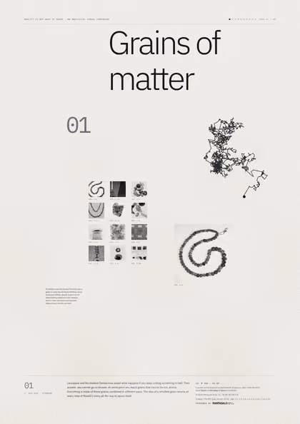 Poster 01·B9 for idea 01, “Grains of matter”: the jagged path of a grain pushed about by unseen molecules.