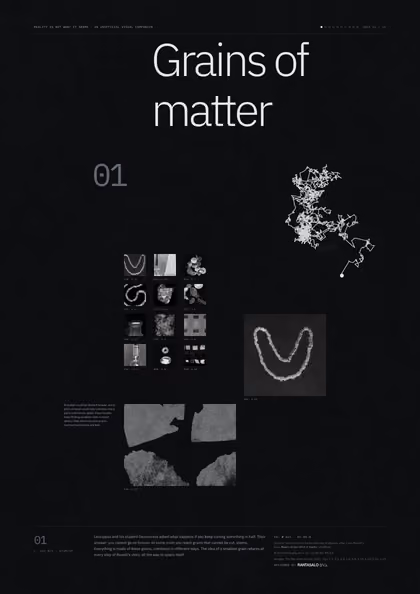 Poster 01·B9·D for idea 01, “Grains of matter”: the jagged path of a grain pushed about by unseen molecules.