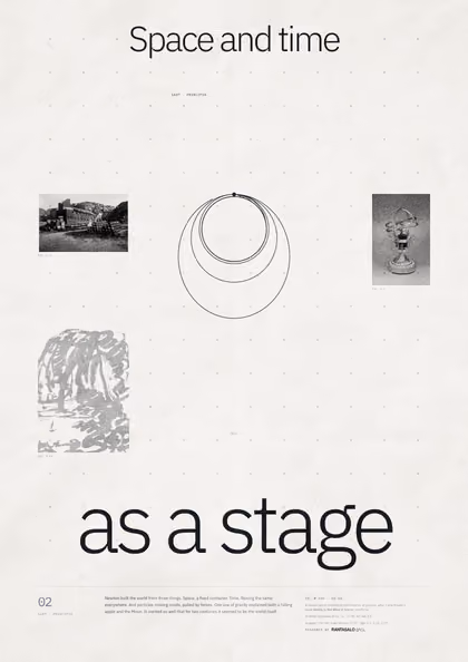 Poster 02·A5 for idea 02, “Space and time as a stage”: orbits of cannonballs launched at increasing speeds around a small Earth.