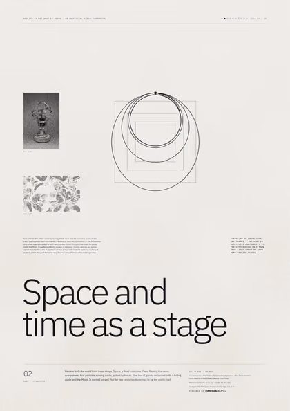 Poster 02·B10 for idea 02, “Space and time as a stage”: orbits of cannonballs launched at increasing speeds around a small Earth.