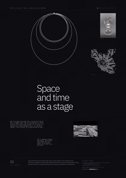Poster 02·B2·D for idea 02, “Space and time as a stage”: orbits of cannonballs launched at increasing speeds around a small Earth.