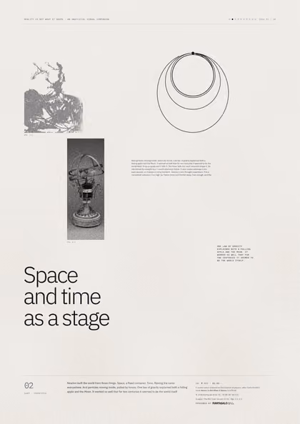 Poster 02·B5 for idea 02, “Space and time as a stage”: orbits of cannonballs launched at increasing speeds around a small Earth.