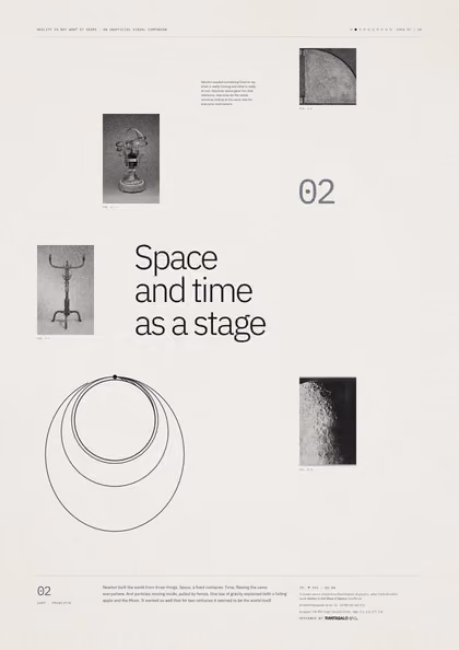 Poster 02·B6 for idea 02, “Space and time as a stage”: orbits of cannonballs launched at increasing speeds around a small Earth.