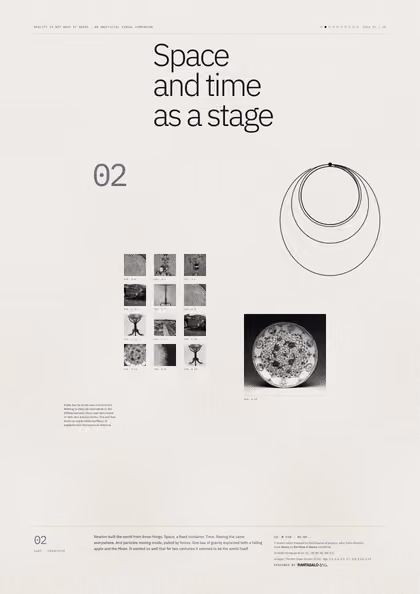 Poster 02·B9 for idea 02, “Space and time as a stage”: orbits of cannonballs launched at increasing speeds around a small Earth.