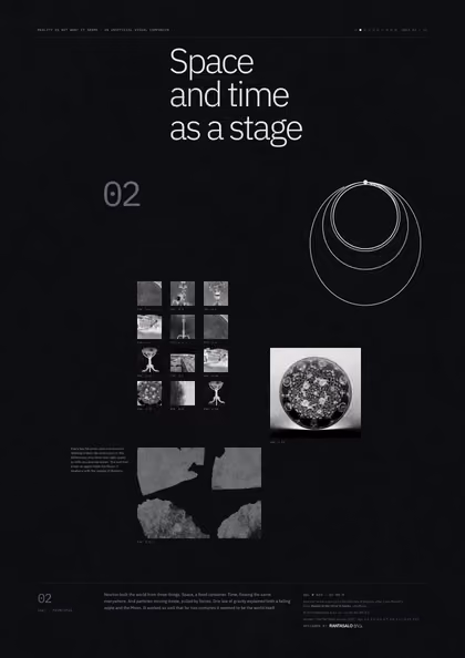 Poster 02·B9·D for idea 02, “Space and time as a stage”: orbits of cannonballs launched at increasing speeds around a small Earth.