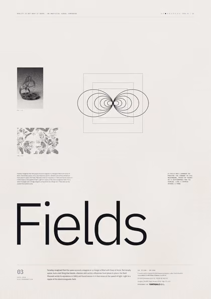 Poster 03·B10 for idea 03, “Fields”: the looping field lines of a bar magnet.