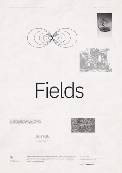 Poster 03·B2 for idea 03, “Fields”: the looping field lines of a bar magnet.