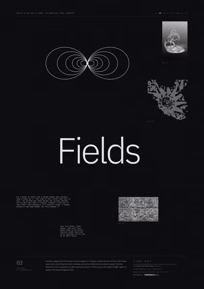 Poster 03·B2·D for idea 03, “Fields”: the looping field lines of a bar magnet.
