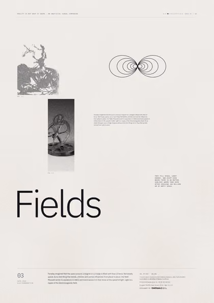 Poster 03·B5 for idea 03, “Fields”: the looping field lines of a bar magnet.