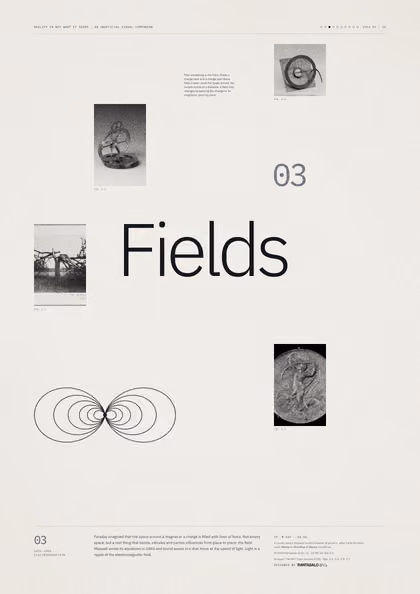 Poster 03·B6 for idea 03, “Fields”: the looping field lines of a bar magnet.