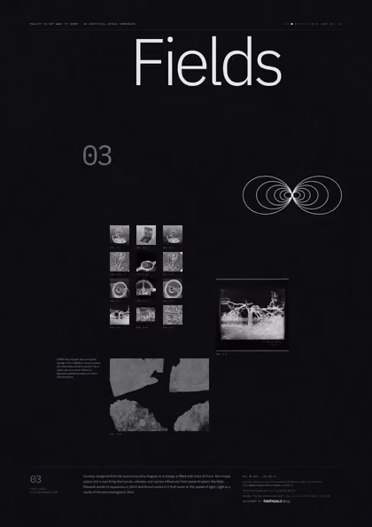 Poster 03·B9·D for idea 03, “Fields”: the looping field lines of a bar magnet.