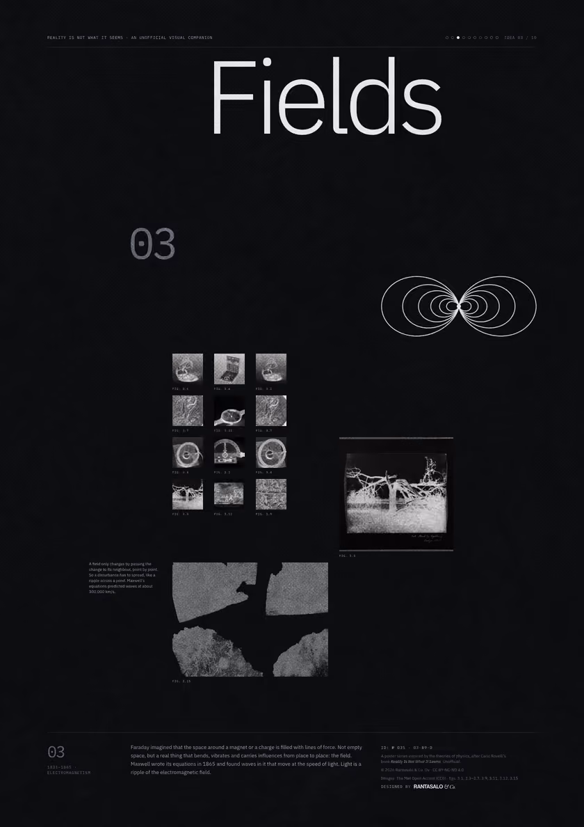Poster 03·B9·D for idea 03, “Fields”: the looping field lines of a bar magnet.