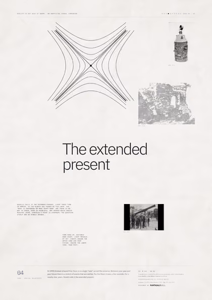 Poster 04·B2 for idea 04, “The extended present”: a light cone crossed by hyperbolas of equal spacetime interval.