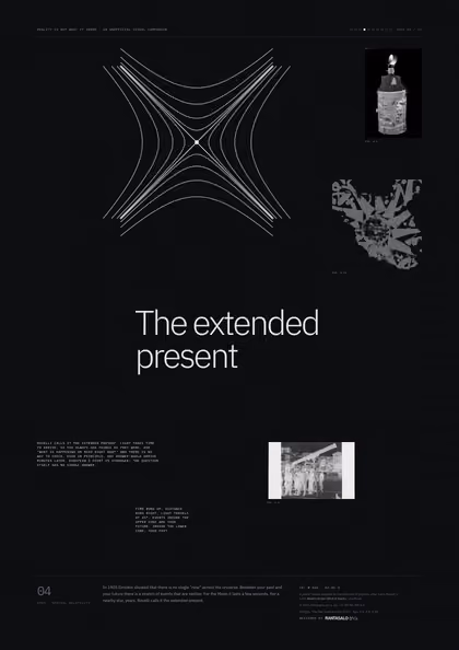 Poster 04·B2·D for idea 04, “The extended present”: a light cone crossed by hyperbolas of equal spacetime interval.