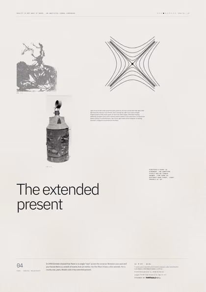 Poster 04·B5 for idea 04, “The extended present”: a light cone crossed by hyperbolas of equal spacetime interval.