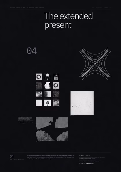 Poster 04·B9·D for idea 04, “The extended present”: a light cone crossed by hyperbolas of equal spacetime interval.