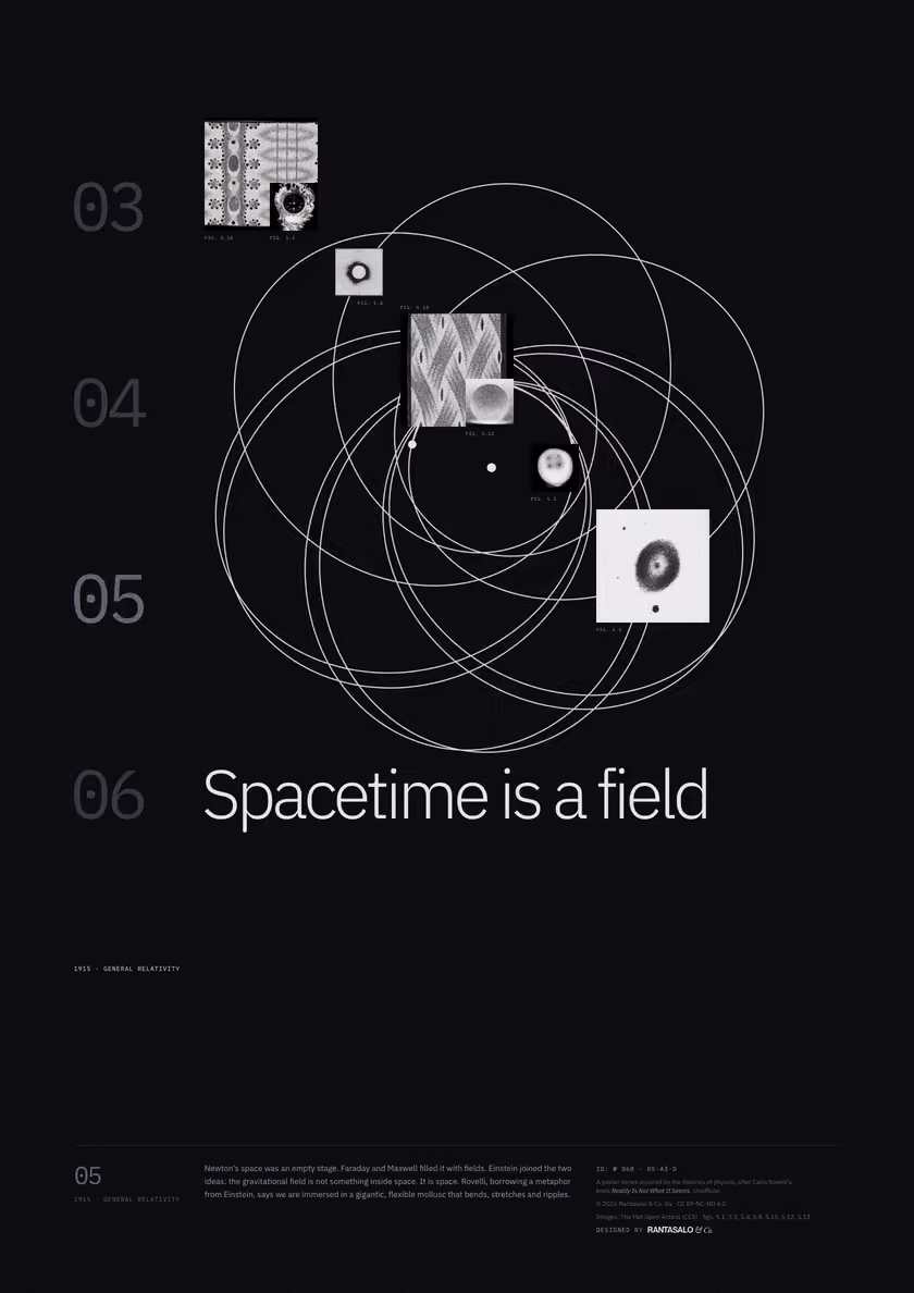 Poster 05·A3·D for idea 05, “Spacetime is a field”: an orbit that does not close, tracing a rosette.