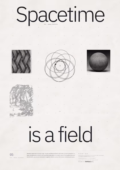 Poster 05·A5 for idea 05, “Spacetime is a field”: an orbit that does not close, tracing a rosette.