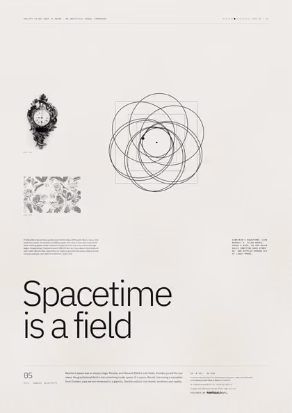 Poster 05·B10 for idea 05, “Spacetime is a field”: an orbit that does not close, tracing a rosette.