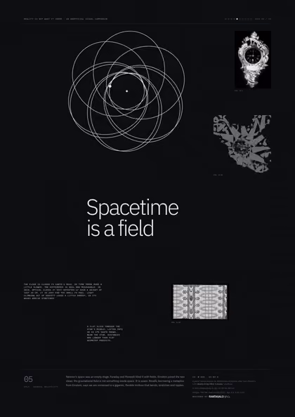 Poster 05·B2·D for idea 05, “Spacetime is a field”: an orbit that does not close, tracing a rosette.