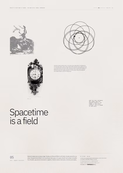 Poster 05·B5 for idea 05, “Spacetime is a field”: an orbit that does not close, tracing a rosette.