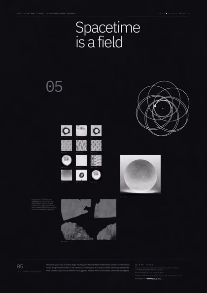 Poster 05·B9·D for idea 05, “Spacetime is a field”: an orbit that does not close, tracing a rosette.