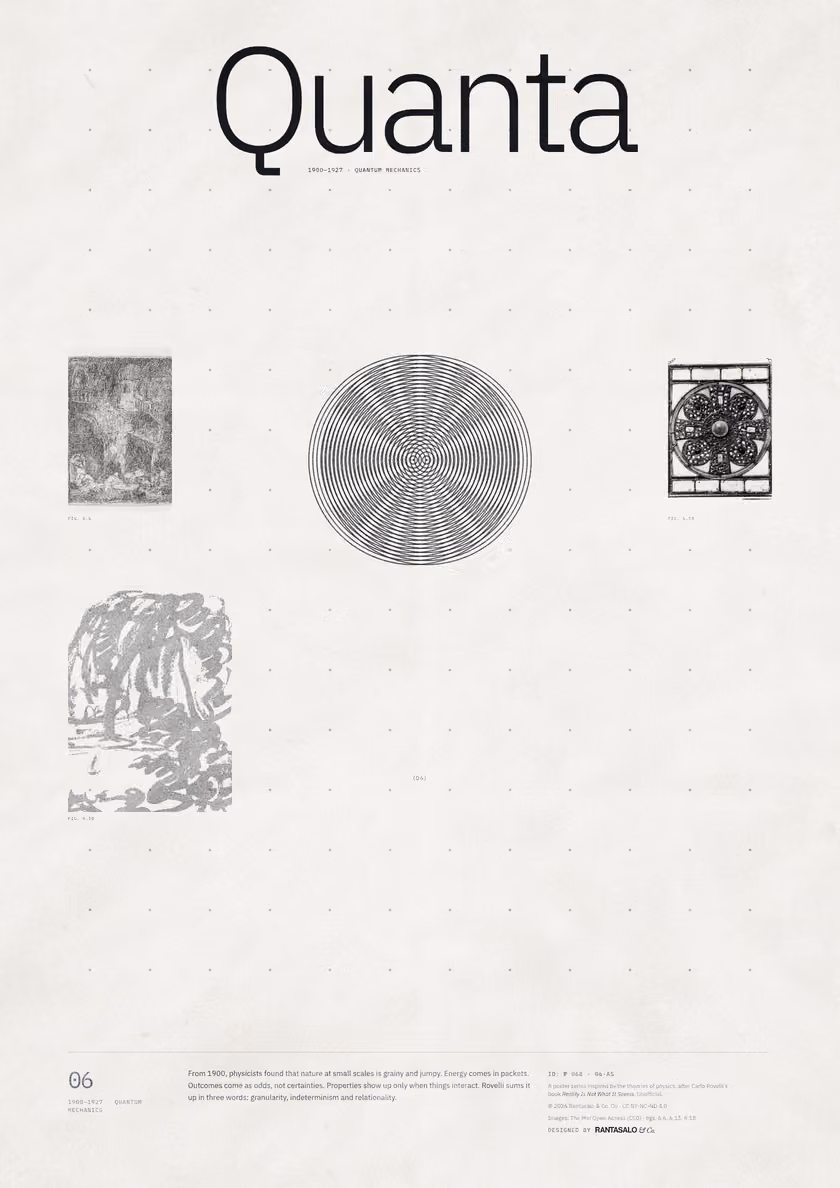 Poster 06·A5 for idea 06, “Quanta”: two sets of concentric rings overlapping in an interference pattern.