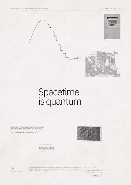 Poster 07·B2 for idea 07, “Spacetime is quantum”: a smooth curve that turns into a staircase.