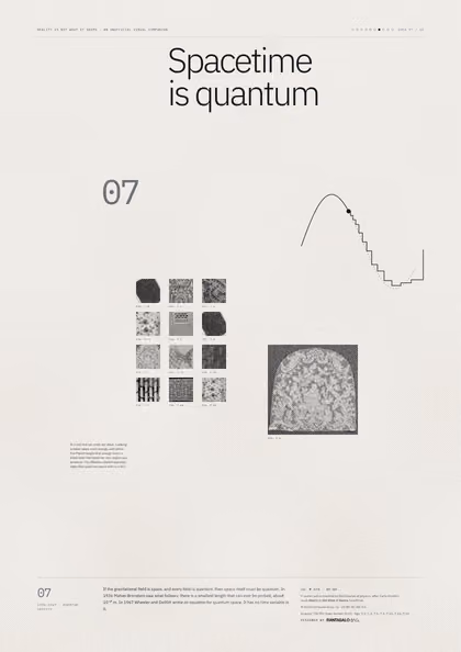 Poster 07·B9 for idea 07, “Spacetime is quantum”: a smooth curve that turns into a staircase.