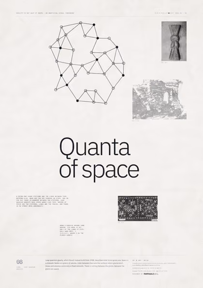 Poster 08·B2 for idea 08, “Quanta of space”: a network of nodes joined by links.