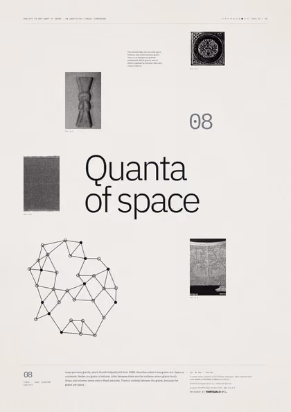 Poster 08·B6 for idea 08, “Quanta of space”: a network of nodes joined by links.