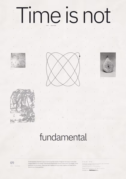 Poster 09·A5 for idea 09, “Time is not fundamental”: a thin-line plot of two swinging pendulums drawn against each other.