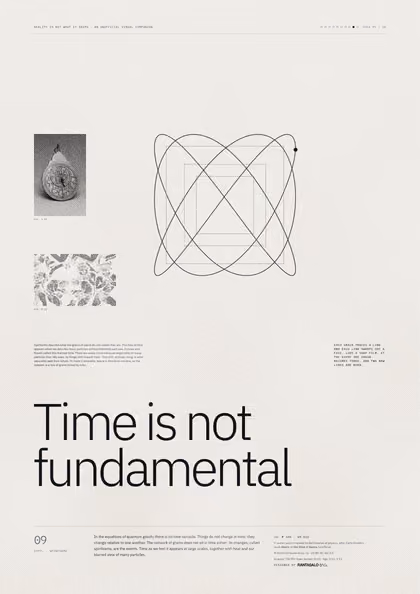 Poster 09·B10 for idea 09, “Time is not fundamental”: a thin-line plot of two swinging pendulums drawn against each other.