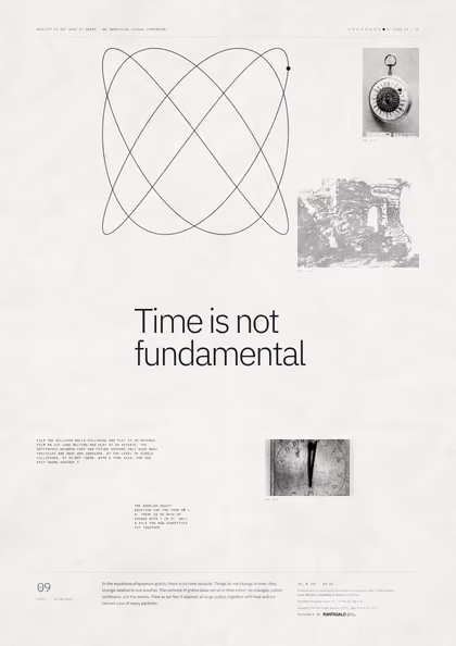 Poster 09·B2 for idea 09, “Time is not fundamental”: a thin-line plot of two swinging pendulums drawn against each other.