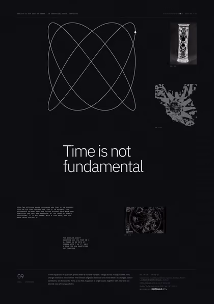 Poster 09·B2·D for idea 09, “Time is not fundamental”: a thin-line plot of two swinging pendulums drawn against each other.