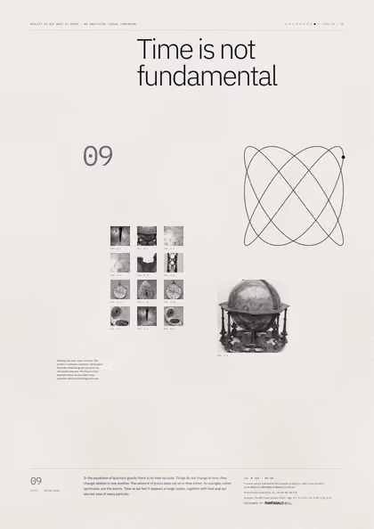 Poster 09·B9 for idea 09, “Time is not fundamental”: a thin-line plot of two swinging pendulums drawn against each other.