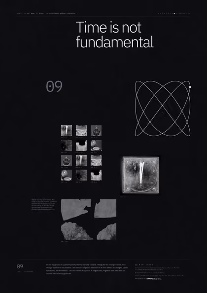 Poster 09·B9·D for idea 09, “Time is not fundamental”: a thin-line plot of two swinging pendulums drawn against each other.