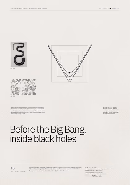 Poster 10·B10 for idea 10, “Before the Big Bang, inside black holes”: curves that fall toward a point and rebound, against a sharp V.