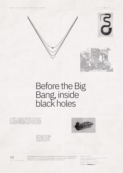Poster 10·B2 for idea 10, “Before the Big Bang, inside black holes”: curves that fall toward a point and rebound, against a sharp V.