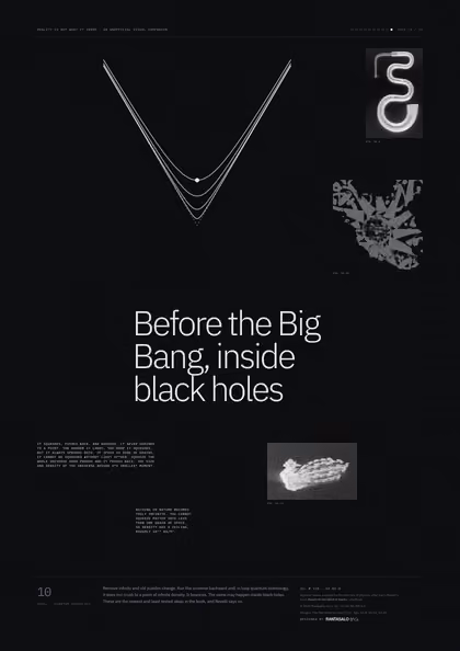 Poster 10·B2·D for idea 10, “Before the Big Bang, inside black holes”: curves that fall toward a point and rebound, against a sharp V.