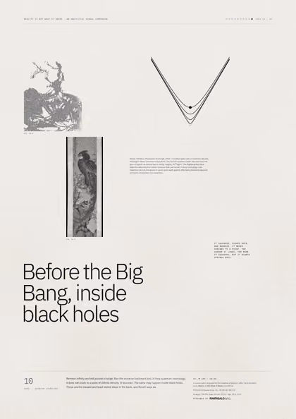 Poster 10·B5 for idea 10, “Before the Big Bang, inside black holes”: curves that fall toward a point and rebound, against a sharp V.